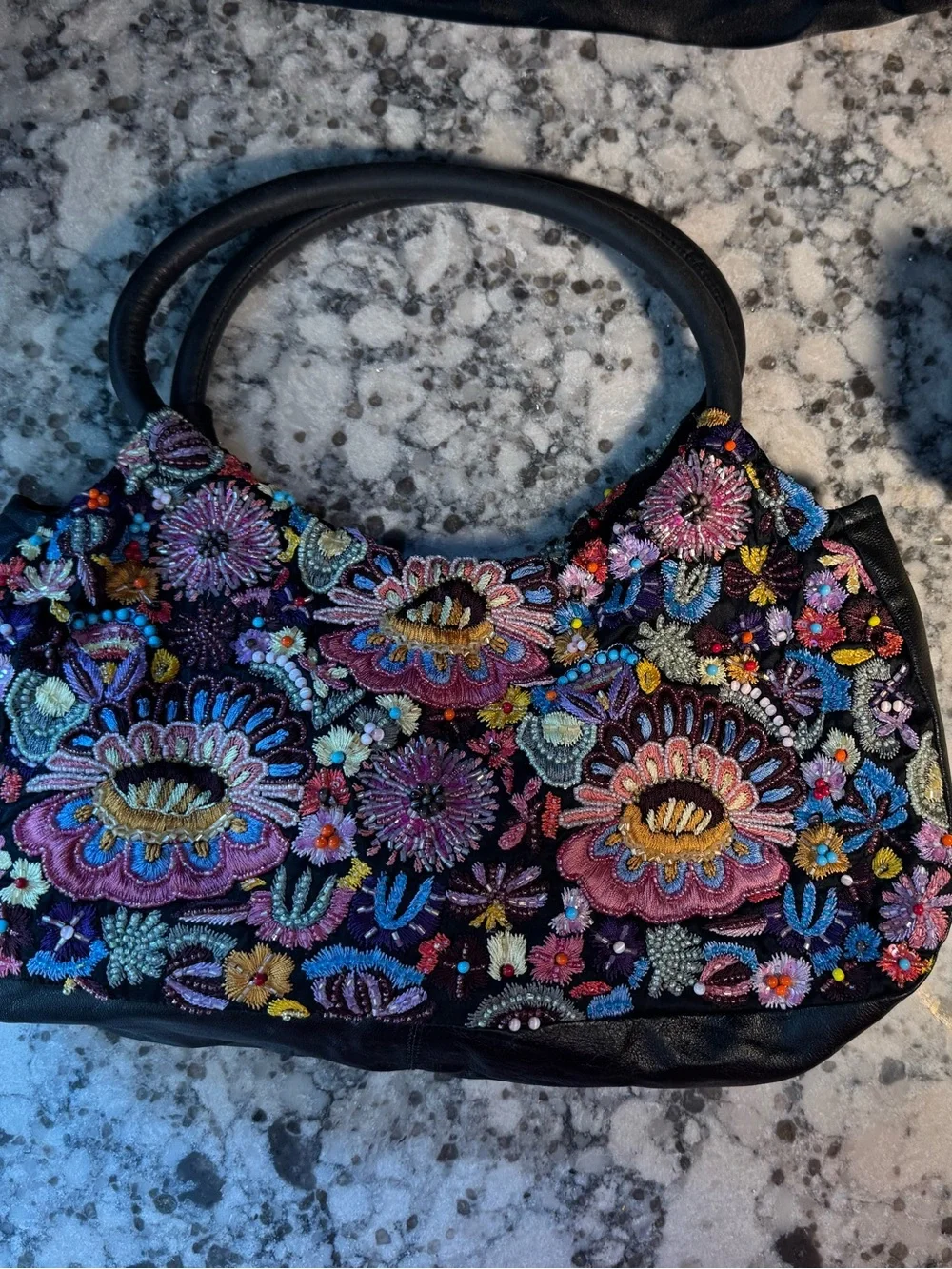 SANTI Black Embroidered Floral Hobo Bag with Multicolor Beading